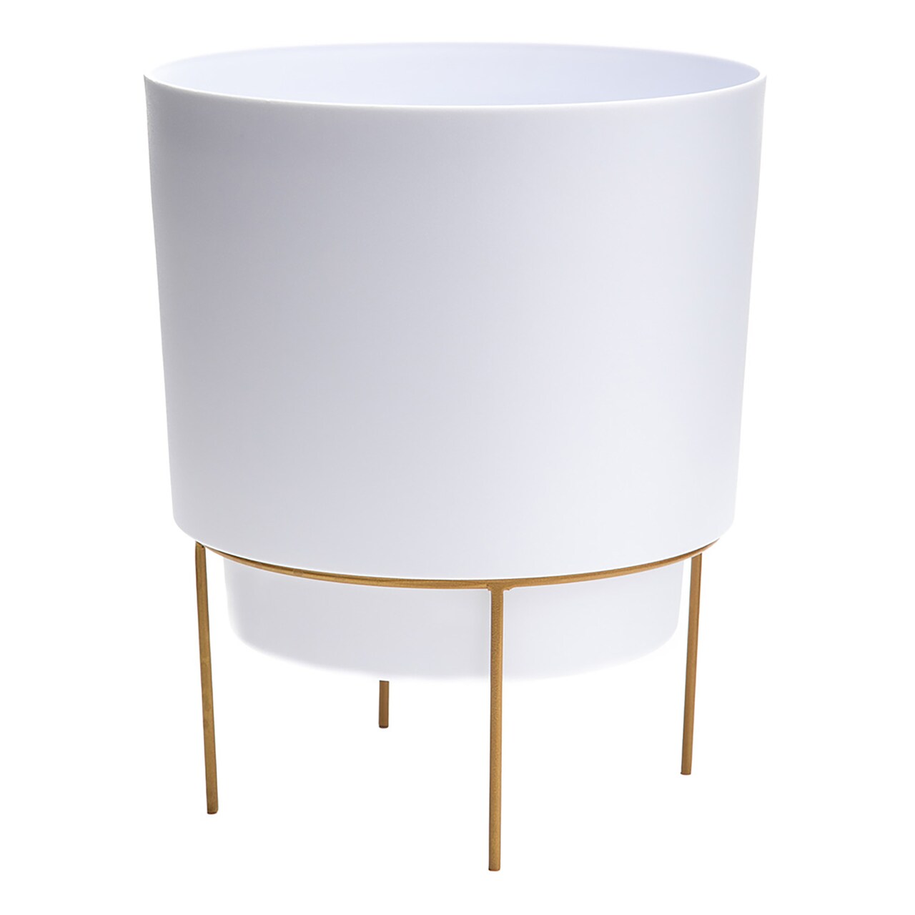 Bloem Hopson Round Planter with Gold Metal Stand: 6" - Casper White - Durable Plastic Pot, Powder Coated Removable Stand, For Indoor and Outdoor Use, Gardening, .75 Gallon Capacity
